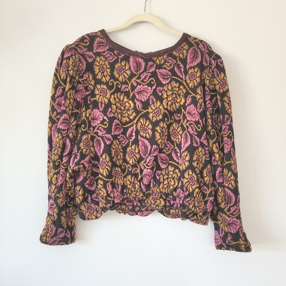 FREE PEOPLE Floral Purple & Yellow Open Back Boat Neck Puff Sleeve Cotton Top - Picture 4 of 15